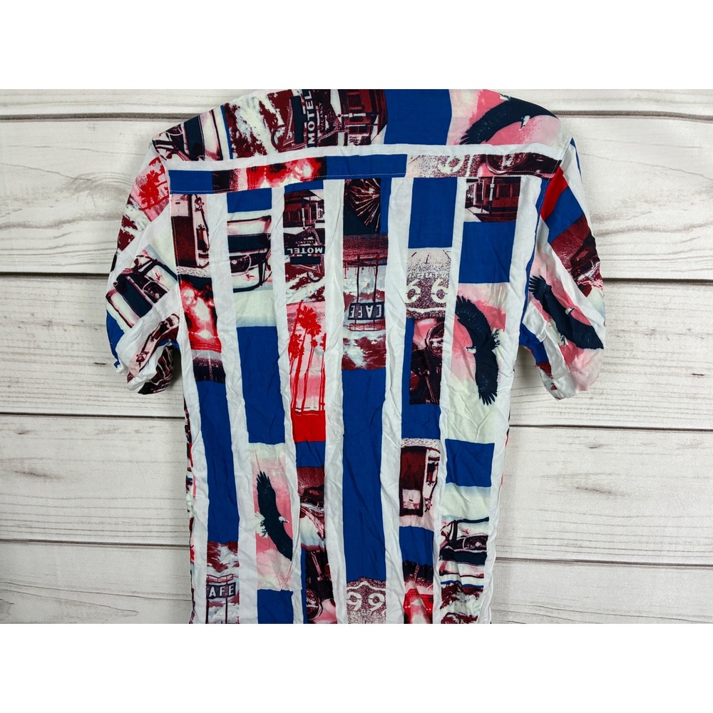 No Boundaries Mens Americana Eagle Motel Collage Stripe Button Up Shirt Blue XS - Picture 9 of 12